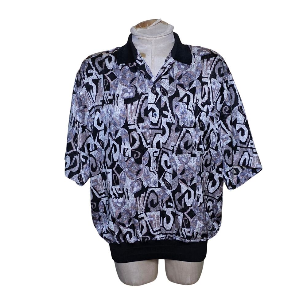 Mens Silk Pull Over North Sun Top Size XL‎ Geometric Patterned button collard